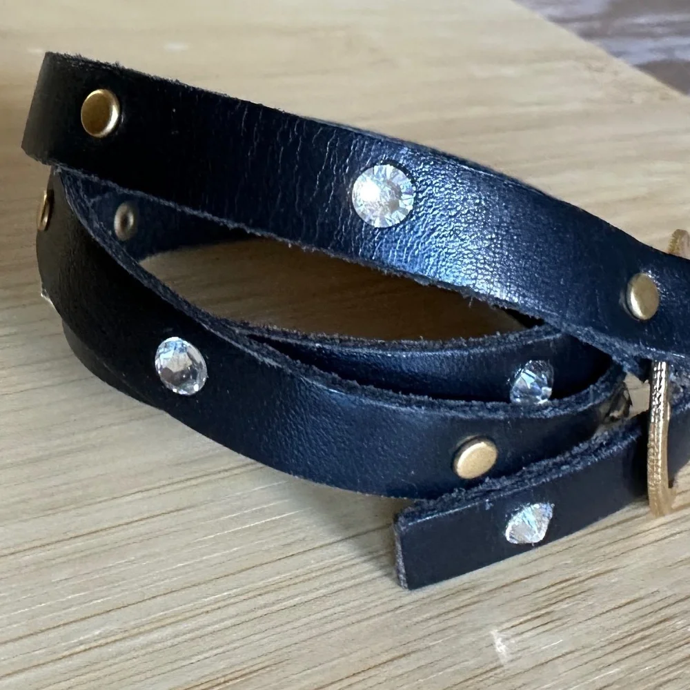 Black Leather Wrap Bracelet w/ Antique Gold & Crystal Accents
